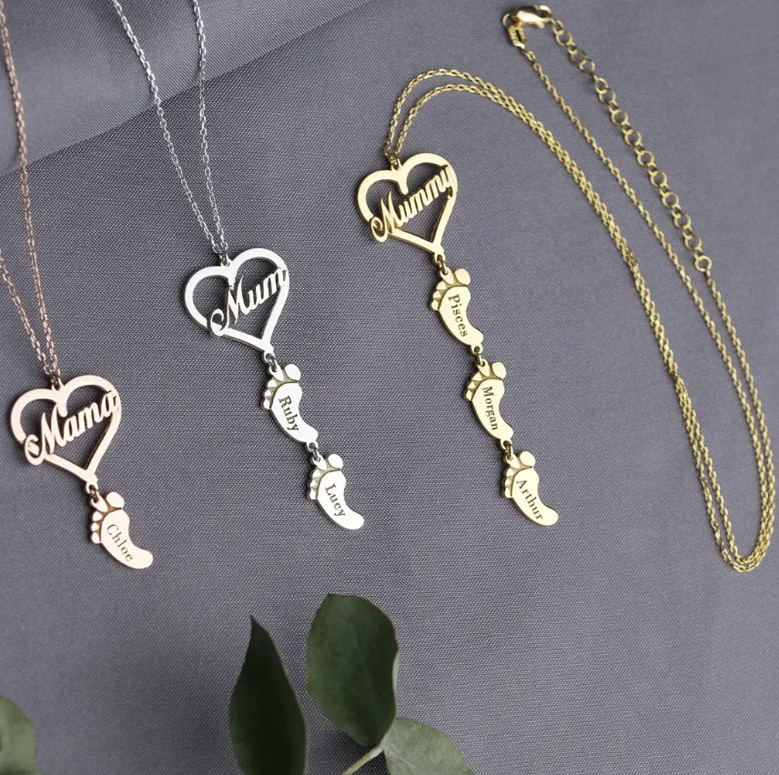 Custom Baby Names Foot Necklace Gold Color Stainless Steel Mom Heart Pendant Children Nameplate Necklace Mother Grandma Gifts