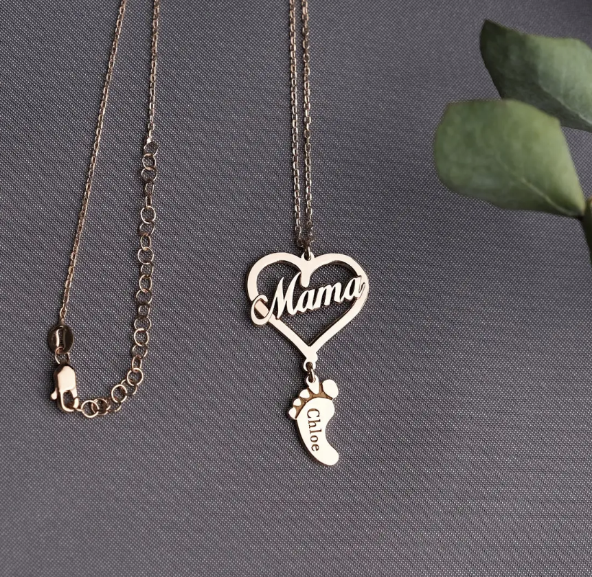 Custom Baby Names Foot Necklace Gold Color Stainless Steel Mom Heart Pendant Children Nameplate Necklace Mother Grandma Gifts