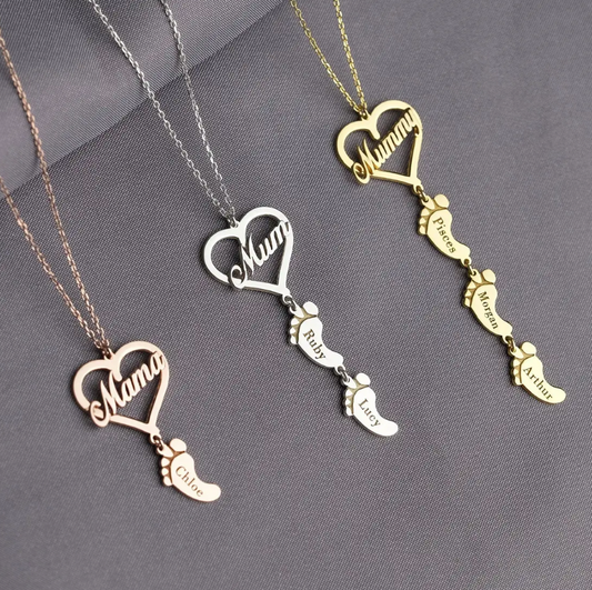 Custom Baby Names Foot Necklace Gold Color Stainless Steel Mom Heart Pendant Children Nameplate Necklace Mother Grandma Gifts